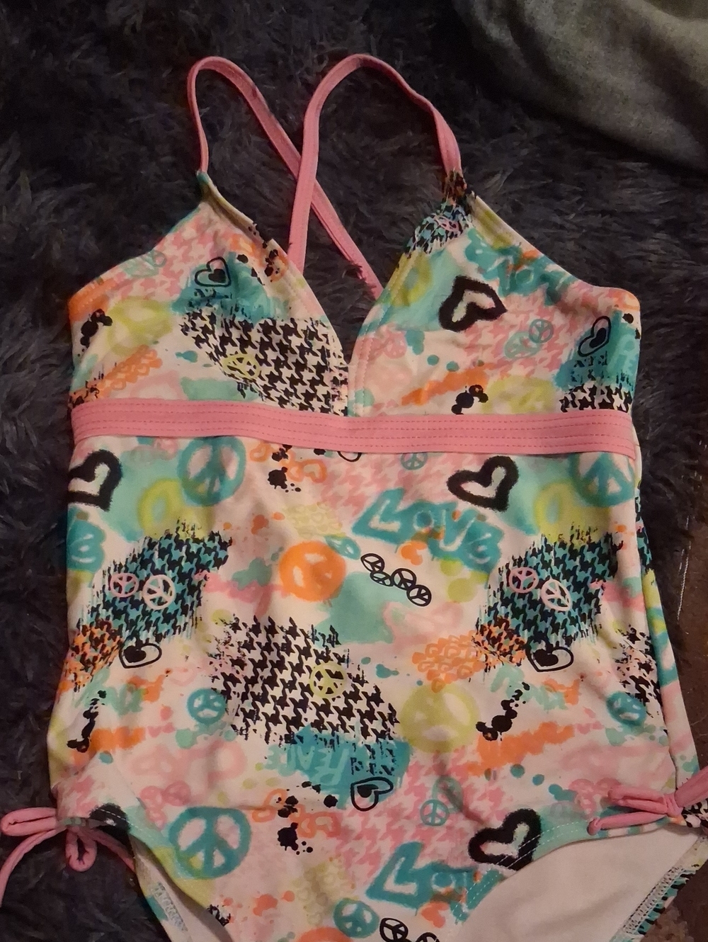 Girls' Pink Multicolor Printed swimsuit with side ties